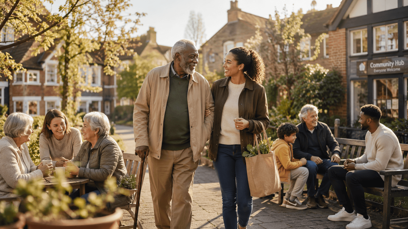 A warm multi-generational community moment representing belonging and companionship