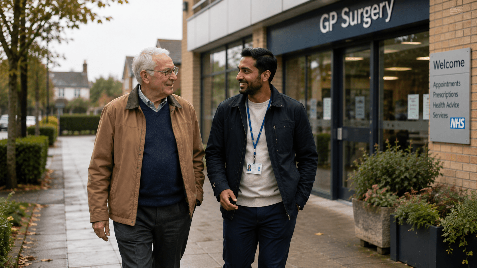 An older gentleman walking beside a companion outside a local GP surgery