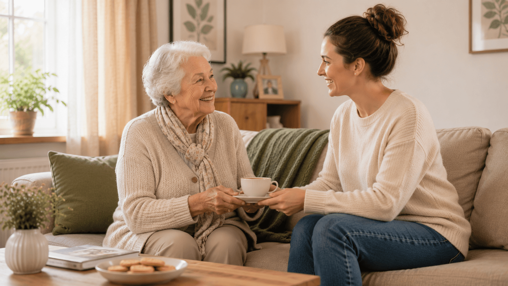 An older Black British woman and a younger companion sharing tea in a warm home