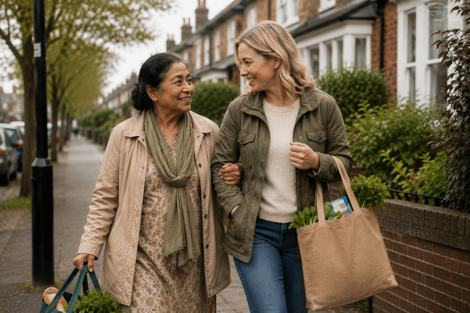 An older woman and companion walking with groceries on a local high street