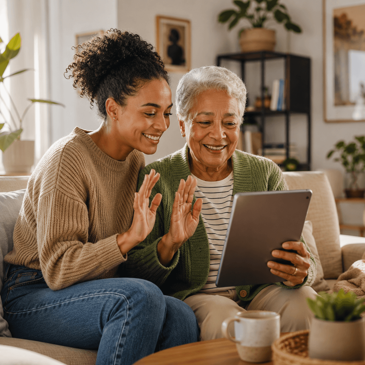A younger companion helping an older woman use a tablet for a family video call