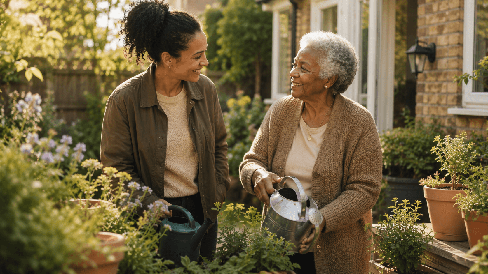 A companion and older woman chatting in a garden while watering plants